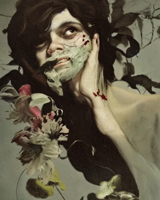 Prompt: a beautiful and eerie baroque painting of a beautiful but serious man in layers of fear, with haunted eyes and dark hair, 1 9 7 0 s, seventies, floral wallpaper, wilted flowers, a little blood, morning light showing injuries, delicate embellishments, painterly, offset printing technique, by robert henri, walter popp, alan lee