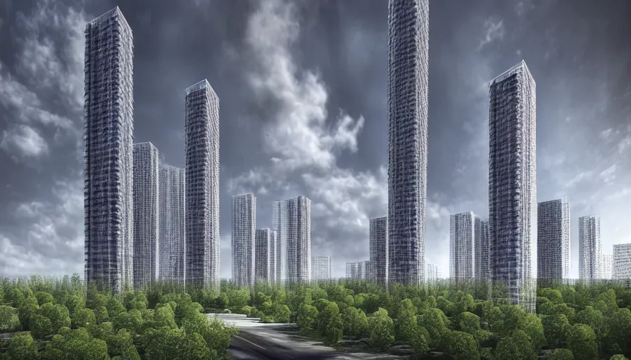 Prompt: emergent forest from a complex city, towers, high, clouds, by oxo arcitectes