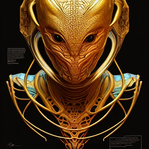 Image similar to hyper advanced alien evolved from crocodile, sci fi, glowing eyes, volumetric lights, gold theme, art nouveau botanicals, intricate, highly detailed, digital painting, artstation, concept art, smooth, sharp focus, cinematic, illustration, beautiful face, art by artgerm and james gurney and alphonse mucha