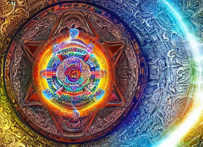 Image similar to hyperrealism, detailed textures, photorealistic 3 d render, a mystical wizard wearing a beautifully coloured tibetan kalachakra crystal mandala with sanskrit writing, sharp focus, ultra realistic, ultra high pixel detail, cinematic, intricate, cinematic light, concept art, illustration, art station, unreal engine 8 k