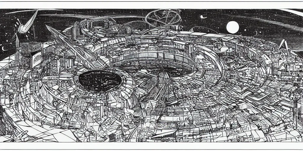 Prompt: architectural overview of a science fiction space port, drawn by James Joyce, in the style of Moebius