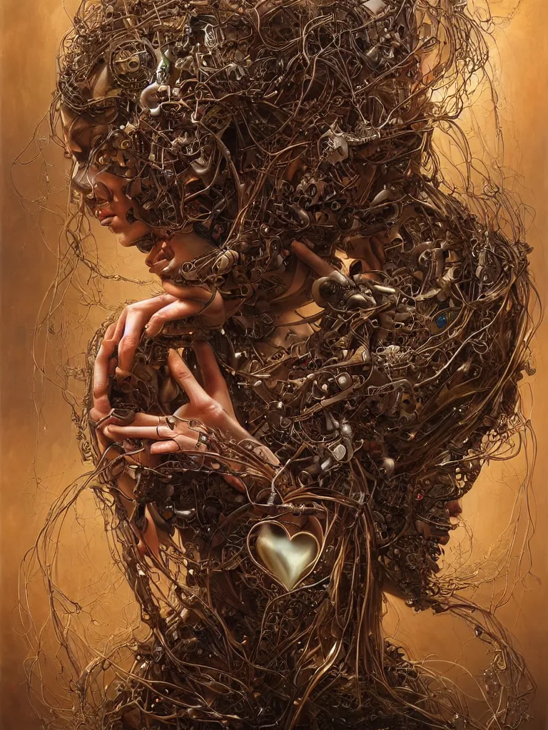 Prompt: portrait of a beautiful female android holding a realistic anatomical heart in her hands and crying, there are wires coming from her heart, tangled and entwined with her long flowing hair, mecha, steampunk, painting by James C. Christensen, by tomasz alen kopera