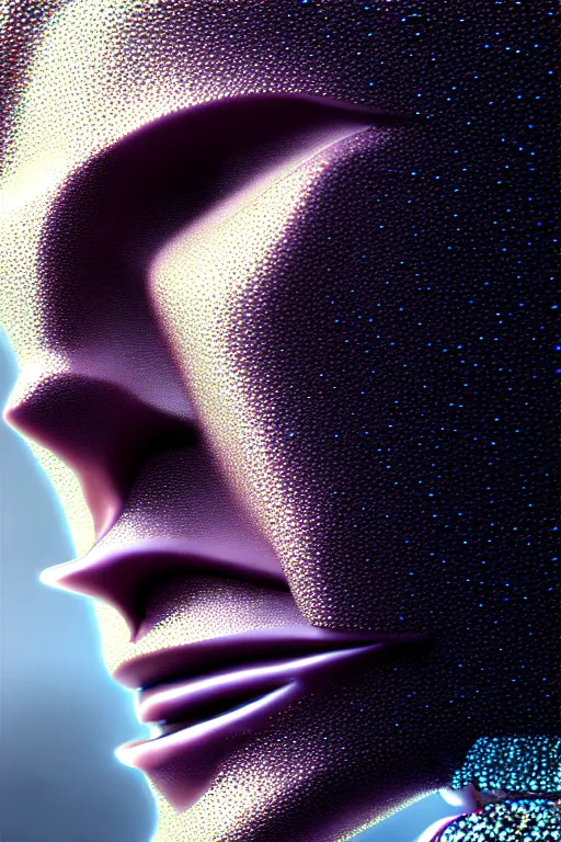 Prompt: hyperrealism, dreamland of chinese, halfturn portrait of a big crystal face made of crystals half - turn, ominous, slender and densely arranged teeth, futuristic, art deco, expressive, dystopian, cyberpunk, mecha, sss material, ominous, intricate, oc rendered, concept art, photorealistic, unreal engine render