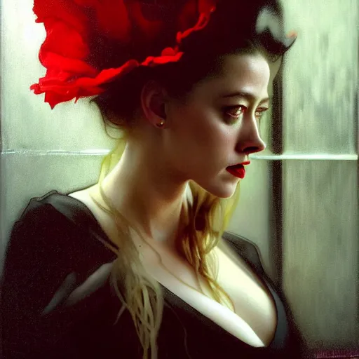 Prompt: hyperrealistic portrait of a woman as amber heard as a vampire witch in a black coat as a reflection in a window. by jeremy mann and alphonse mucha, tears, falling red petals, fantasy art, photo realistic, dynamic lighting, artstation, poster, volumetric lighting, very detailed faces, 4 k, award winning