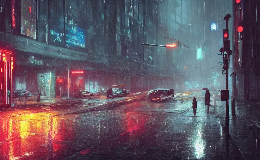 Prompt: A digital painting of a close-up view of a raining cyberpunk street, with four vending machines, some street lights and padestrians, by Ismail Inceoglu and Caspar David Friedrich, 4k, ue5, light effect, rtx on, realistic, cinematic, trending on artstation