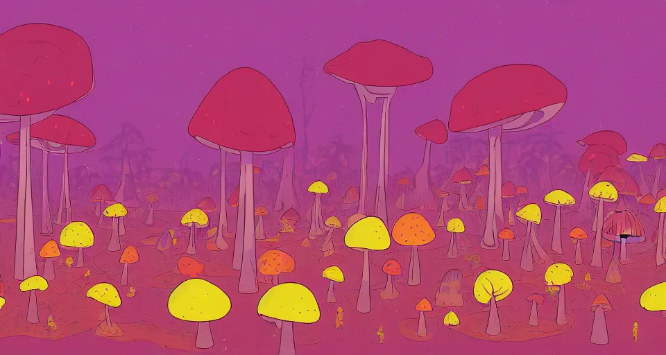 Image similar to A tribal village in a forest of giant mushrooms, by Kurzgesagt,