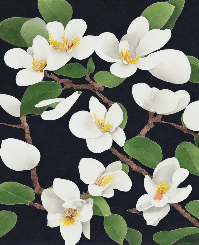 Image similar to japanese naturalist watercolor of magnolia sprig on white background. textbook.