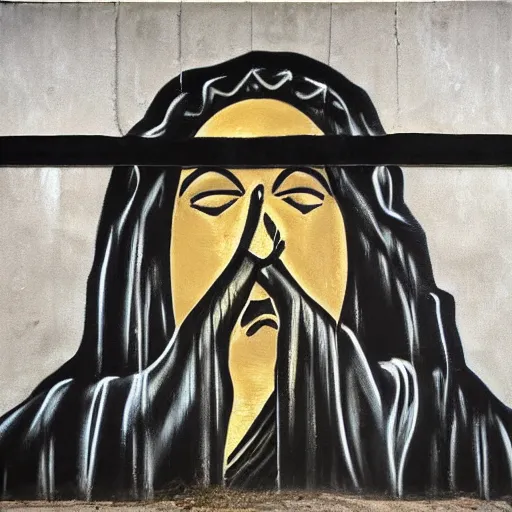 Image similar to monochromatic black graffiti spray-paint mural of blindfolded Jesus wearing a white linen blindfold, arms outstretched, rays of light emanate from his fingers, painted on a concrete wall by Minerva Teichert, Portra 400