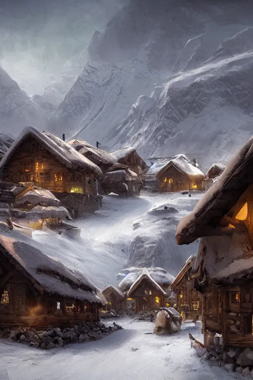 Image similar to mountain village with wooden viking houses in the snow, blizzard, landscape, raphael lacoste, eddie mendoza, alex ross, concept art, matte painting, highly detailed, rule of thirds, dynamic lighting, cinematic, detailed, denoised, centerd