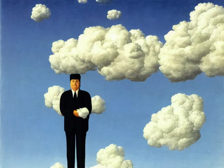 Image similar to man made out of clouds, painting by rene magritte, high detail, high resolution