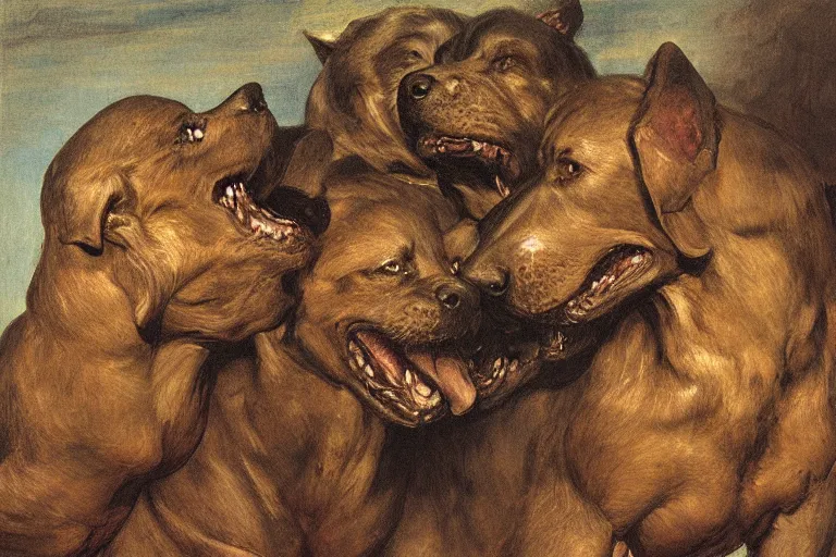 Prompt: hyperdetailed matte art of a three headed dog cerberus by william blake, ilya repin, amano, rene magritte, craig mullins, three headed dog cerberus, details