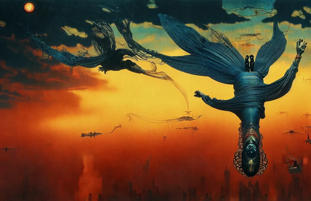 Prompt: realistic detailed portrait movie shot of a birdman flying in dark ragged robes, futuristic city sunset landscape background by denis villeneuve, amano, yves tanguy, alphonse mucha, ernst haeckel, max ernst, wayne barlowe, masterpiece, rich moody colours, bird head, blue eyes, hyperdetailed