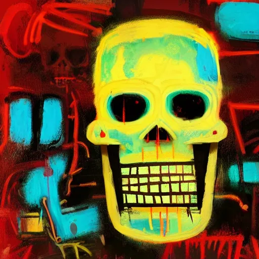 Prompt: of a neon skeleton with tiki mask and viking helmet and red fiery eyes inspired by basquiat, art by greg rutkowski
