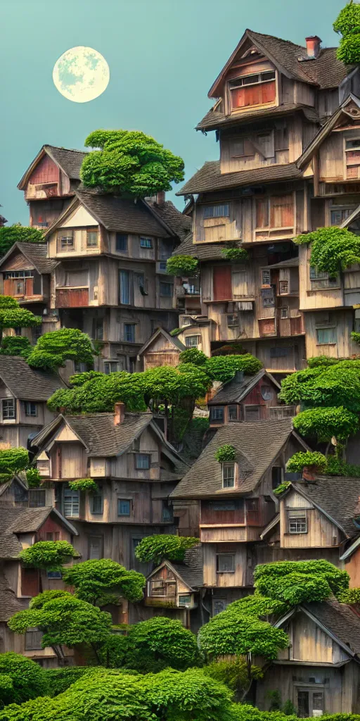 Image similar to stacked houses, solarpunk, studio ghibli, jean - baptiste monge, octane render, 4 k