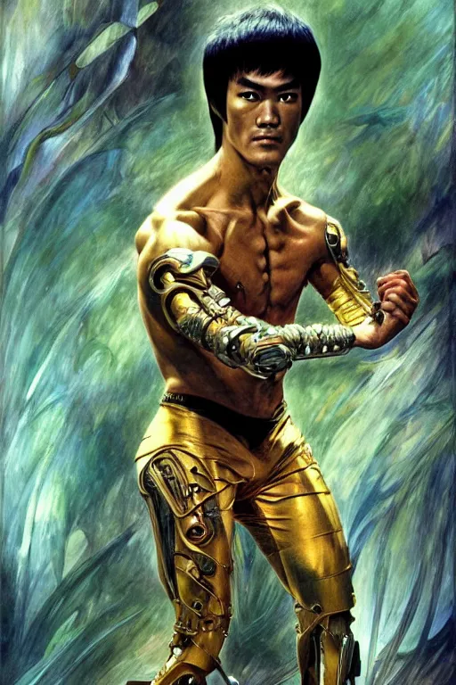 Image similar to bruce lee as a organic cyborg, diffuse lighting, fantasy, intricate, elegant, highly detailed, lifelike, photorealistic, digital painting, illustration, concept art, smooth, sharp focus, art by john collier and albert aublet and krenz cushart and artem demura and alphonse mucha