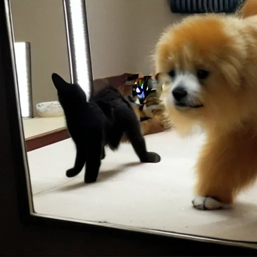 Prompt: A dog looking curiously in the mirror, seeing a cat.