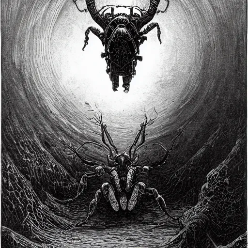 Prompt: Beetle Monster by Gustave Doré in dark souls world