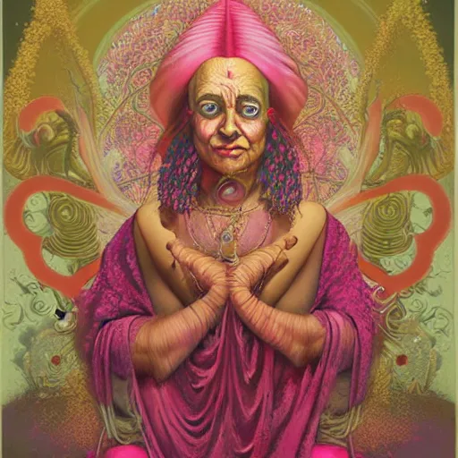 Prompt: wise old Indian guru, multiple arms, pink and gold , by Anato Finnstark, Tom Bagshaw, Brom