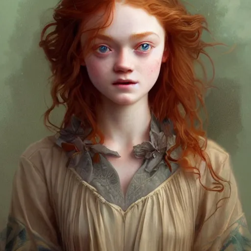 Image similar to beautiful natural Sadie Sink, intricate, early 20s, elegant, highly detailed, digital painting, artstation, concept art, sharp focus, illustration, art by artgerm and greg rutkowski and alphonse mucha and loish and WLOP