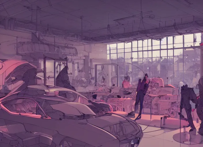 Prompt: large fancy showroom for designers, workshop. sharp focus, cinematic pose, cinematic lighting, unreal engine render. art by josan gonzales and moebius and deathburger.