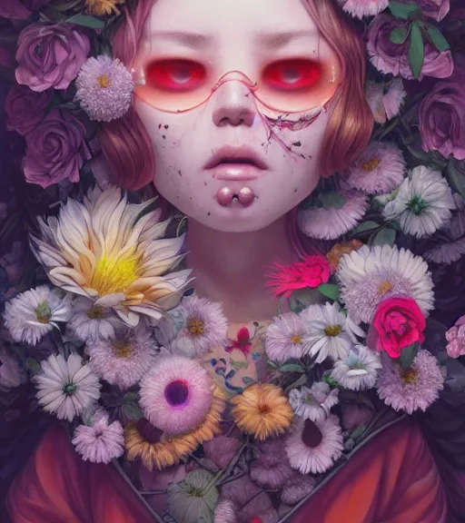 Prompt: portrait, nightmare anomalies, flowers by miyazaki, colorful illustration, kenneth blom, artgerm, james jean, pablo amaringo, naudline pierre, contemporary art, hyper detailed