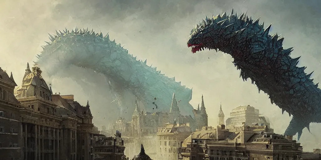 Image similar to kaiju attack in budapest painting, greg rutkowski, detailed, cinematic