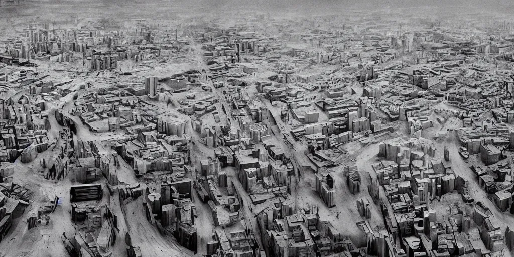 Prompt: cinematic shot of a city in the moon's hollow, norilsk russian orbit city cityscape, telephoto, iconic scene from the paranoid thriller sci fi film directed by stanley kubrick, anamorphic cinematography, beautiful composition, color theory, leading lines, photorealistic, moody volumetric lighting