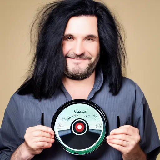 Image similar to middle aged man with long black hair holding a cd