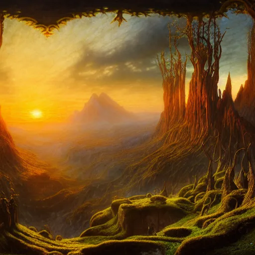 Prompt: a beautiful and highly detailed matte painting of the lost elven land of beautiful dreams, sunrise, celtic, psychedelic, epic scale, insanely complex, hyperdetailed, sharp focus, hyperrealism, artstation, cgsociety, 8 k, bright colors, by caspar friedrich, albert bierstadt, james gurney, brian froud,
