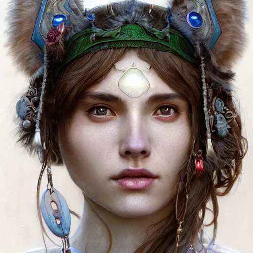 Image similar to Portrait of Princess Mononoke drawn by Donato Giancola and Tom Bagshaw, face by Artgerm, overall design by Alphonse Mucha, background by James Jean and Gustav Klimt, light by Julie Bell, 4k, porcelain skin, komorebi, french nouveau, trending on artstation, octane render, hyperrealistic