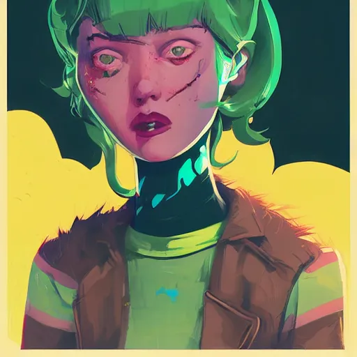 Image similar to Highly detailed portrait of a punk zombie young lady by Atey Ghailan, by Loish, by Bryan Lee O'Malley, by Cliff Chiang, inspired by image comics, inspired by graphic novel cover art !!!Yellow, green, black and purple color scheme ((dark blue moody background))