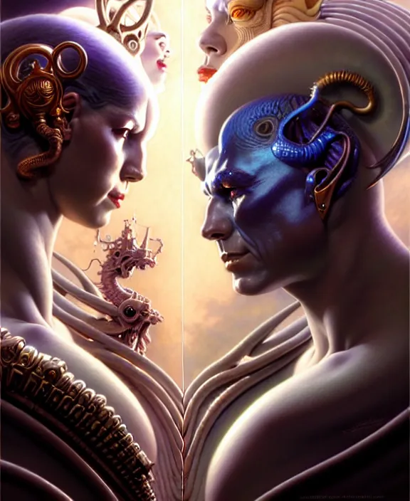 Image similar to beautiful gemini good and evil fantasy character portrait, ultra realistic, wide angle, intricate details, the fifth element artifacts, highly detailed by peter mohrbacher, hajime sorayama, wayne barlowe, boris vallejo, aaron horkey, gaston bussiere, craig mullins