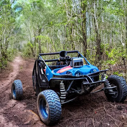 Image similar to an off road buggy drives towards the viewer along a forest dirt track. the vegetation is sparse scrub. the driver is male and smiling. the buggy has an open frame build with mounted search lights. the sky is cloudy and dust is being thrown up by the buggy's wheels