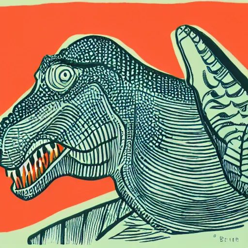 Prompt: dinosaurs by Edward Bawden, linocut