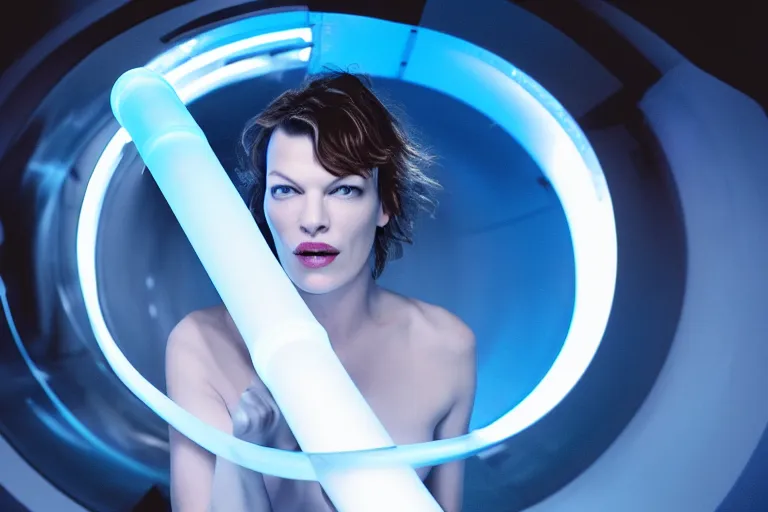 Prompt: milla jovovich in a dark blue transparent plastic hyperloop pipe belt opening glowing in the dark space capsule