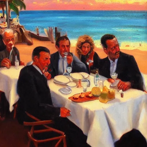 Prompt: an italian mafia family at a beachside restaurant oil painting