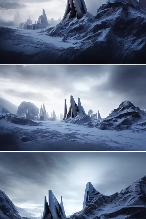 Image similar to zaha hadid buildings in the middle of a planet hoth star wars scene in the mountains, trending on artstation, cinematic matte painting, stormy weather, snow storm in the craggy dolomites, extreme detail photo quality, dark moody colors, featured on behance