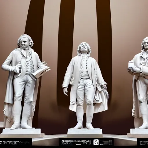 Image similar to mozart and beethoven and bach and liszt all standing next to each other, they're all statues, octane render, 8 k, highly detailed, hyper - realistic.