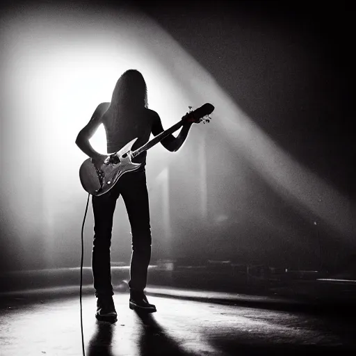 Prompt: a metal concert, lead guitarist playing a guitar solo, dramatic lighting