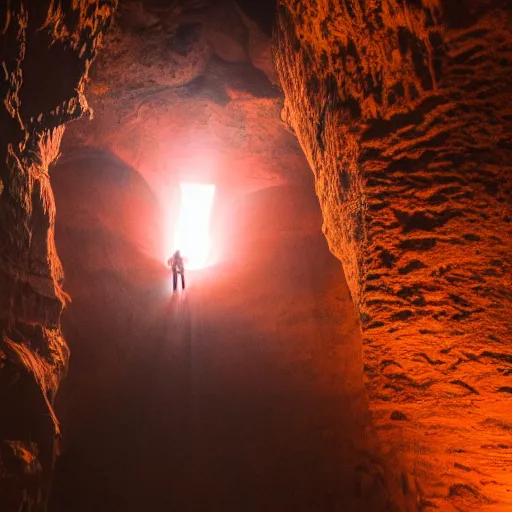 Image similar to photo inside a cave of a building and a giant orange glowing transparent humanoid of one thousand feet of height