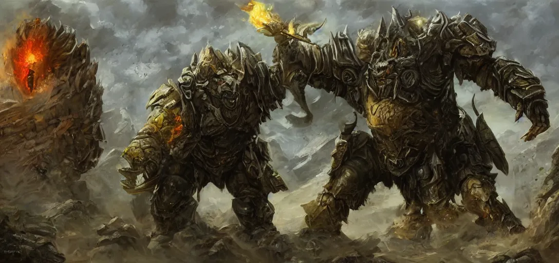 Image similar to oil painting of single giant conquering orc in full sci - fi armor roars as it steps over it's fallen enemy's bodies