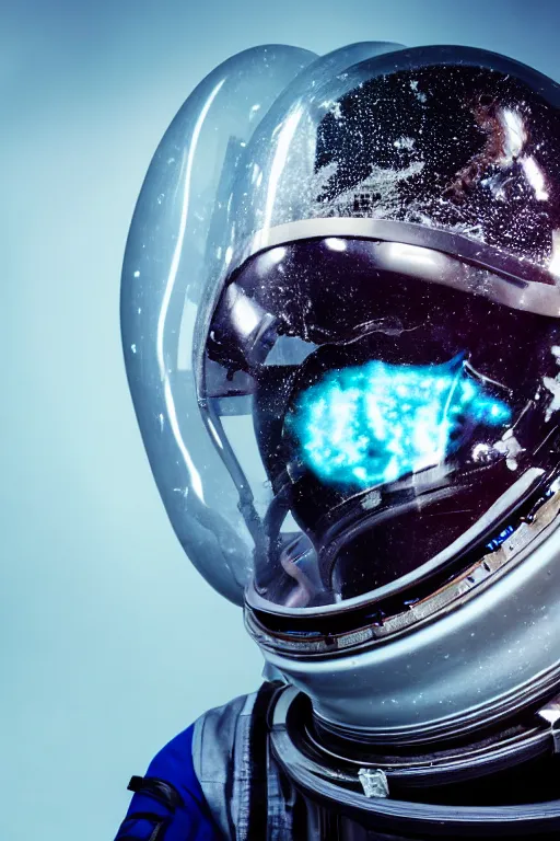 Image similar to extremely detailed studio portrait of space astronaut, alien tentacle protruding from eyes and mouth, slimy tentacle breaking through helmet visor, shattered visor, full body, soft light, plain studio background, disturbing, shocking realization, award winning photo by paola agosti