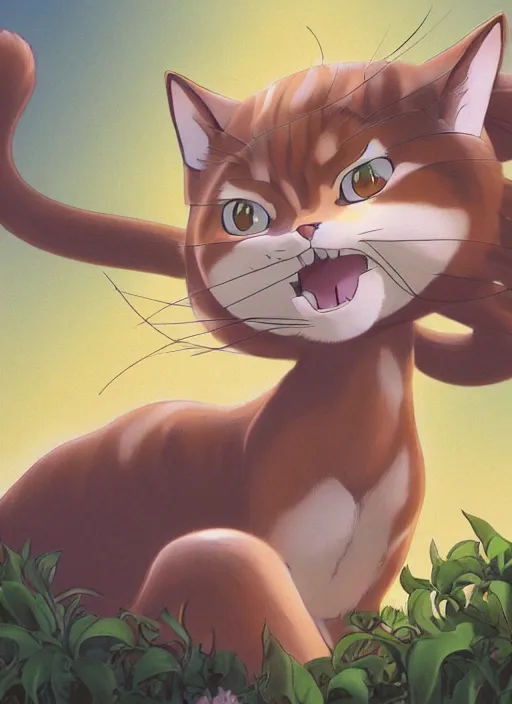 Image similar to official digital painting artwork of a cat character by don bluth, ross tran and studio ghibli.