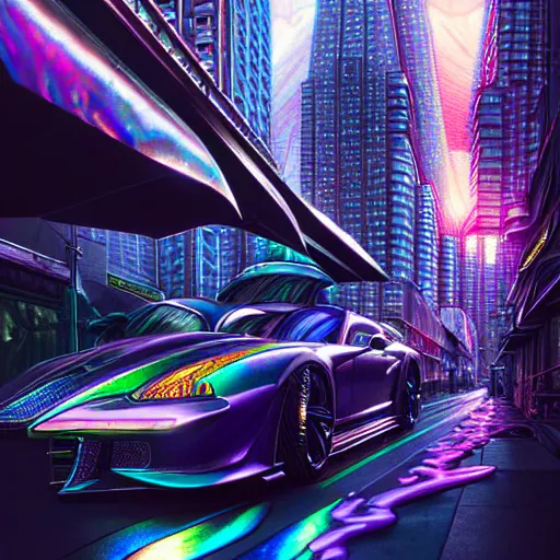 Prompt: hyperdetailed city streets metals and shiny iridescent gems, dark rainbow nimbus, inspired by ross tran and masamune shirow and kuvshinov, intricate, photorealistic, octane render, rtx, hdr, unreal engine, dnd digital art by artgerm