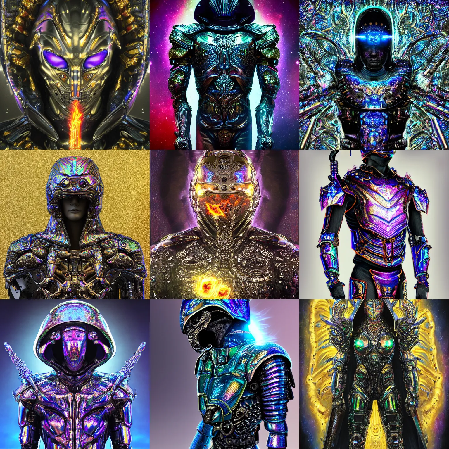 Prompt: Realist highly intricate dark iridescent subtle detailed painting of a powerful hooded badass divine royal omnipotent being wearing body armor and brandishing a precious futuristic cosmic sword of vivid iridescent flame, realistic human face, realistic biomechanical complex torso encrusted in iridescent gleaming 3D render processor microchips, high quality, symmetry, rich style, iridescent smoke behind, crystallic megastructure background, galaxies, universe, artstation, iridescent, badass, galactic deity, dark ominous stealth, surrounded by rainbow dust specks, depth of field, award winning on artstation, artgerm