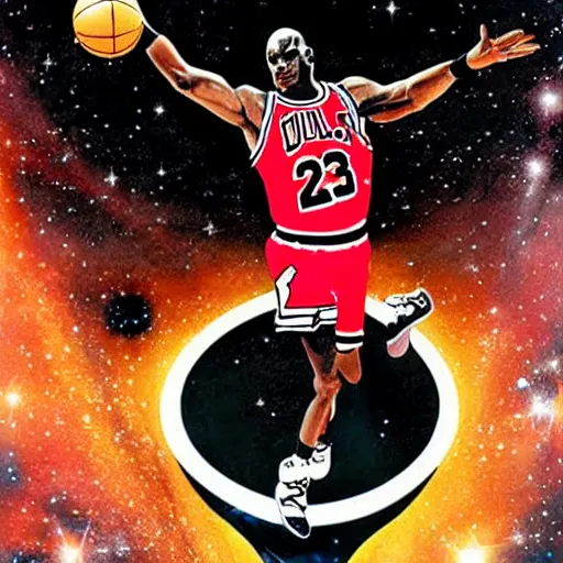 Image similar to Poster of Michael Jordan in space dunking into a black hole, highly detailed