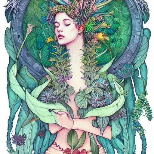 Image similar to goddess of plant medicine art by james jean and art by loish highly detailed painting trending on arstation vivid colors earth spirit