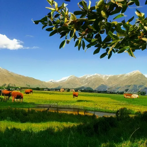 Image similar to beautiful landscape by Hugh Ferris, small houses, unexploited area, blue sky, sunny day, animals all around, cows and sheeps, big mountains in the back, huge lake, singing birds