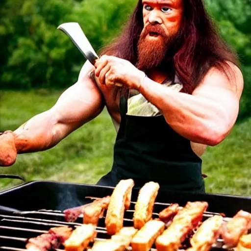 Image similar to candid photo of conan the barbarian flipping burger on a barbecue. he is wearing an apron with unicorn drawing, and a tutu. photo by annie leibovitz