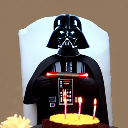 Prompt: Darth Vader trying to blow the candles on his birthday cake